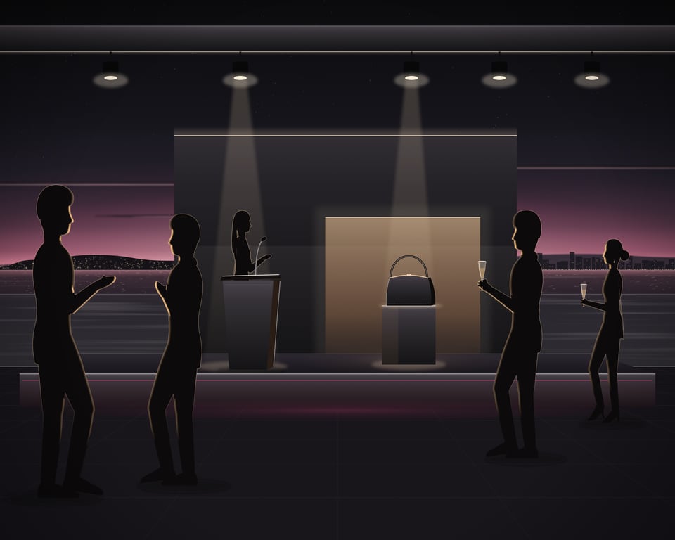 Illustration: a brand launch on a rooftop terrace at dusk: a speaker at a lectern presents a new handbag on a lit plinth, and guests in conversation, two with a glass in hand