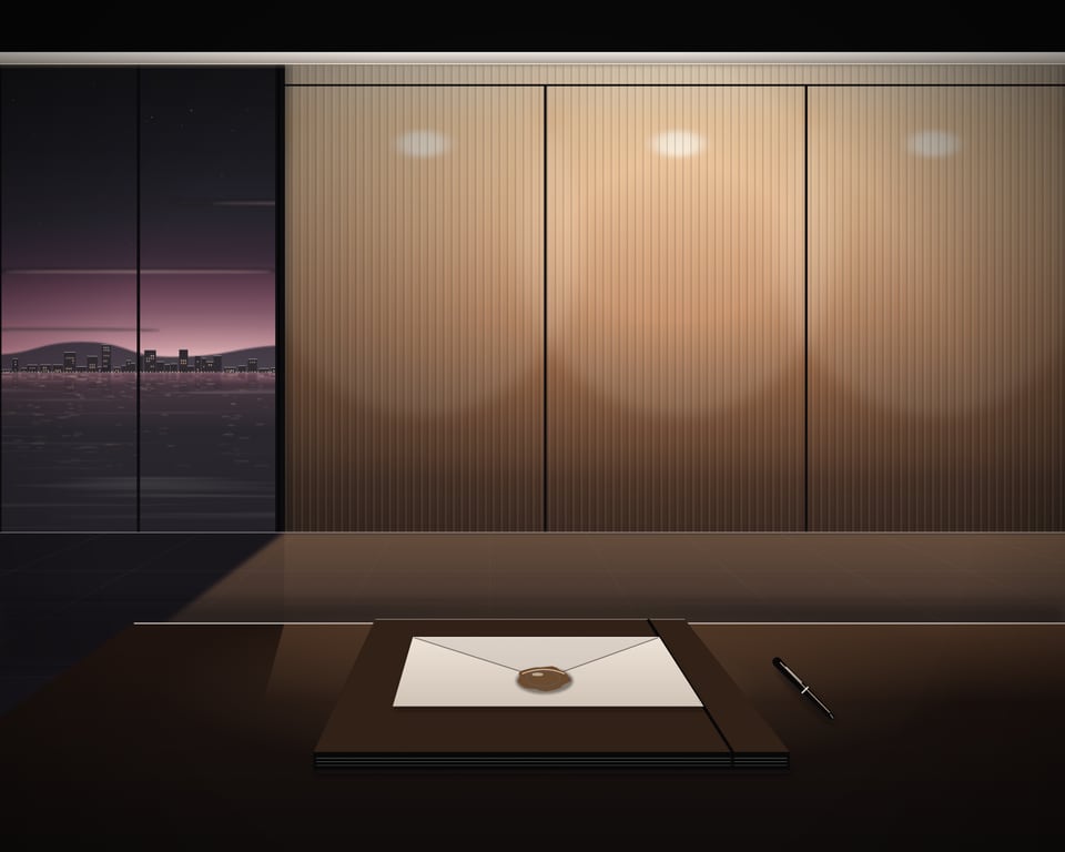 Illustration: a quiet room at dusk, warm light behind a wall of reeded glass and the bay through the window; on the table, a sealed envelope and a pen on a closed folder