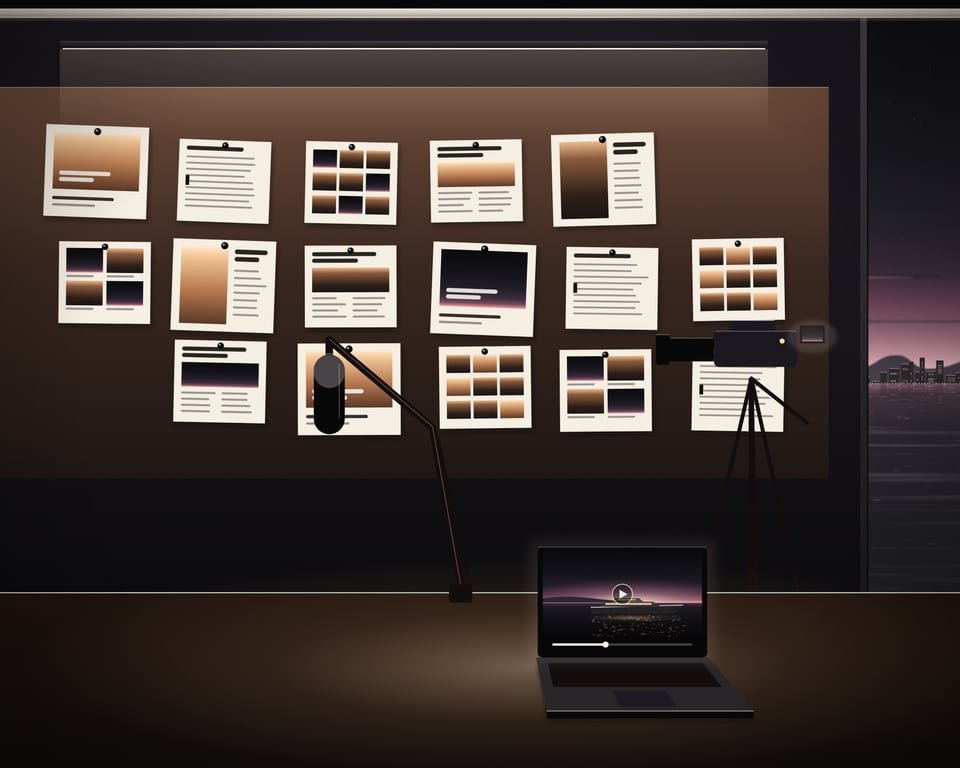 Illustration: a studio at dusk with a wall of pinned page proofs, a broadcast microphone on its arm, a laptop playing a film and a video camera on its tripod turned to the wall, a narrow window onto the bay