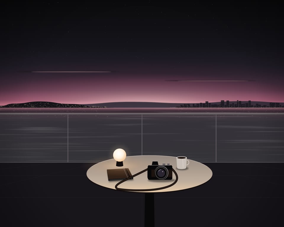 Illustration: a café table on a terrace above the bay at dusk, a camera with its strap, a closed notebook, a cup of coffee and a small lamp on it, the lights of the town along the shore beyond