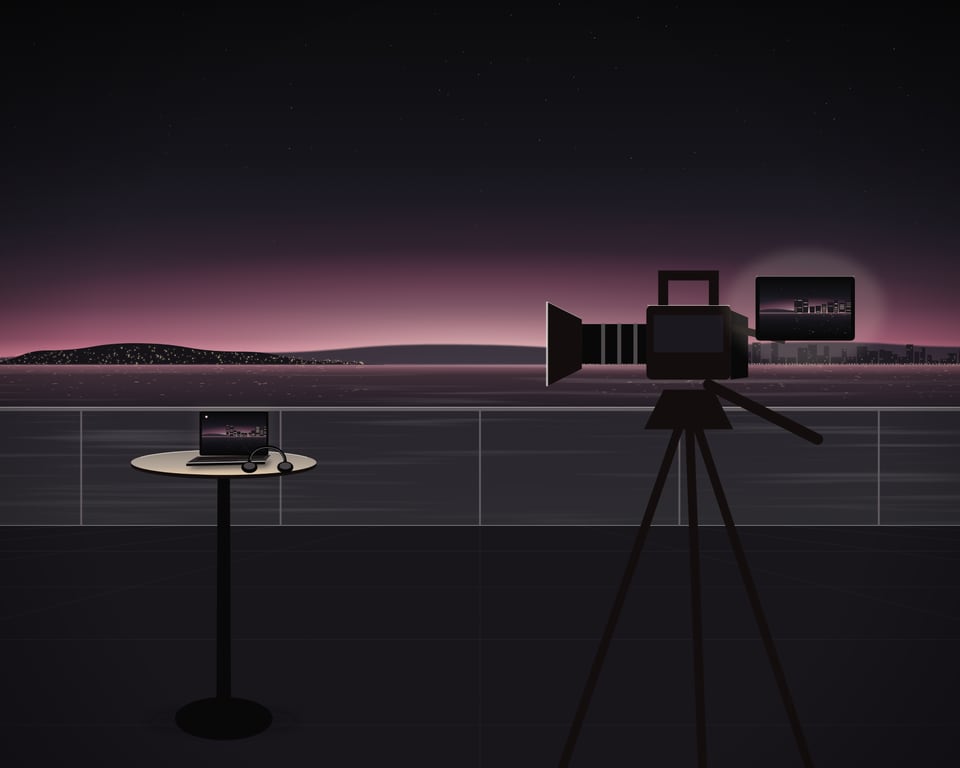 Illustration: a terrace above the bay at dusk set for filming, a camera on its tripod framing the view with the shot on its monitor, and a laptop on a high table showing the same picture live, headphones beside it