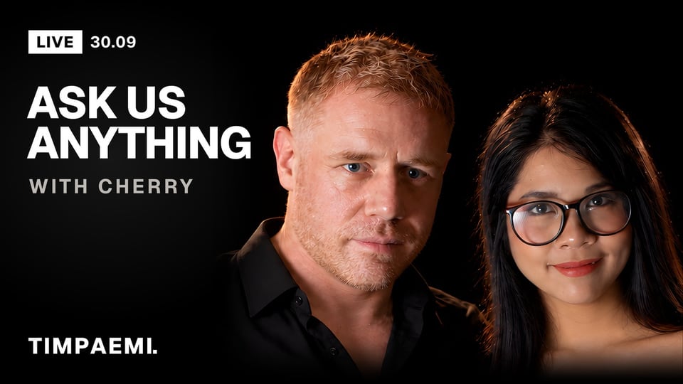 A thumbnail for our own live show: LIVE, Ask us anything, Come say hi, beside Tim and Paemi, with the TIMPAEMI name