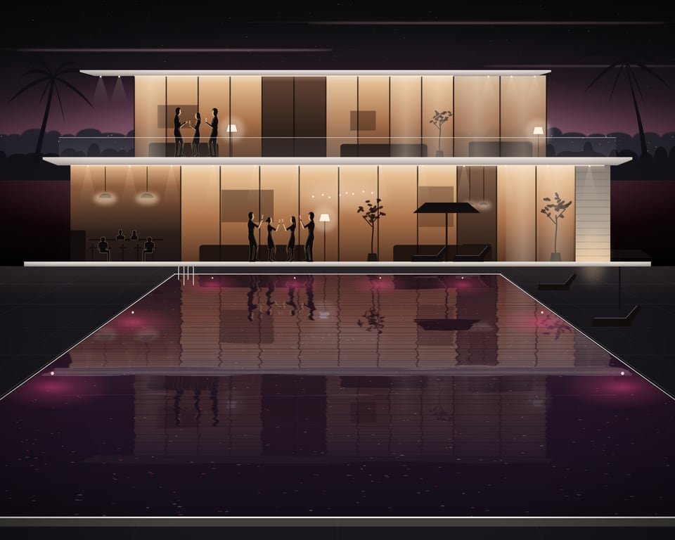 Illustration: a private pool villa at dusk in the hills of Pattaya, guests raising their glasses on both floors and four at the dinner table