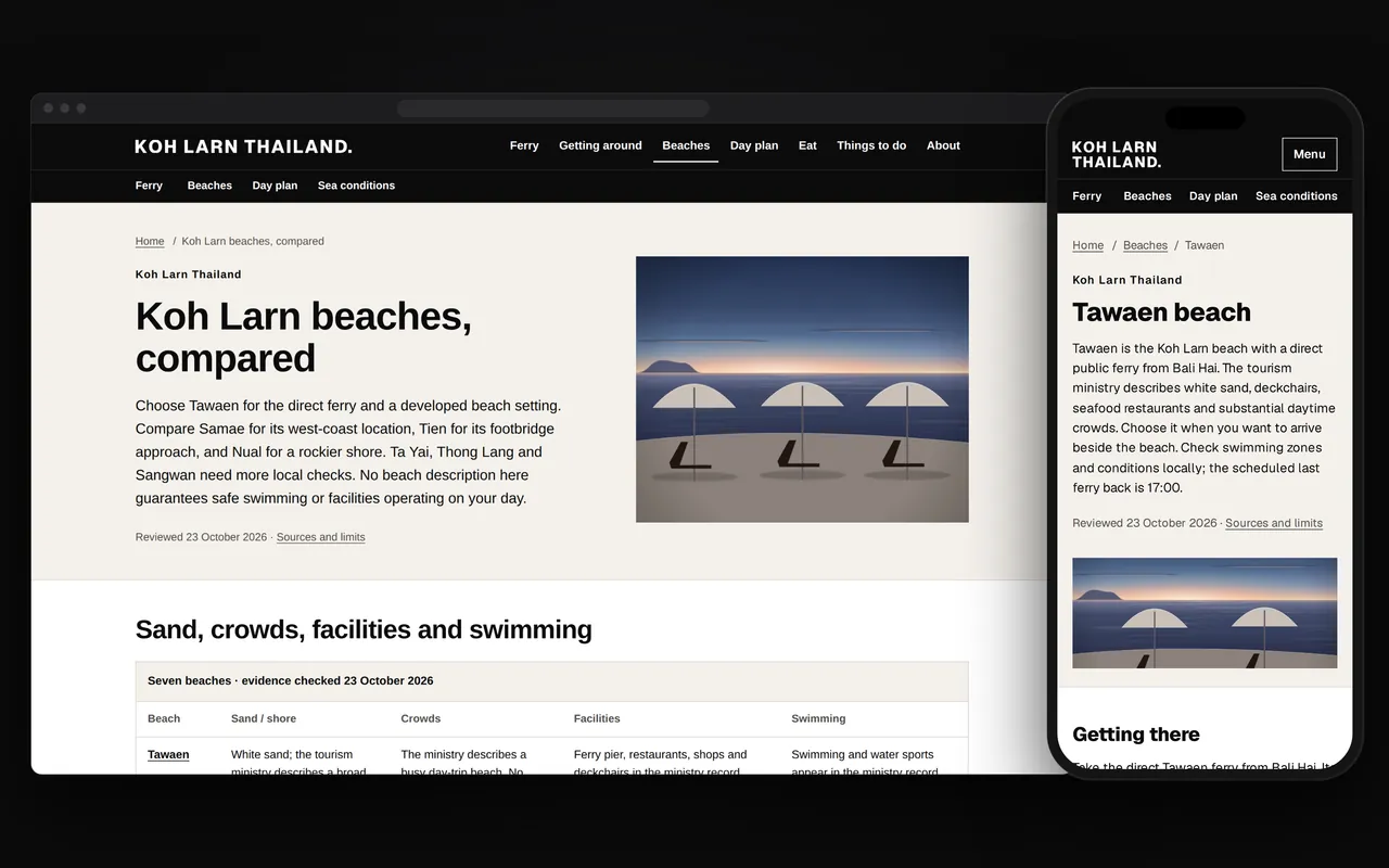Our beaches page on a computer, seven beaches compared for sand, crowds, facilities and swimming; on a phone, our page for Tawaen beach.