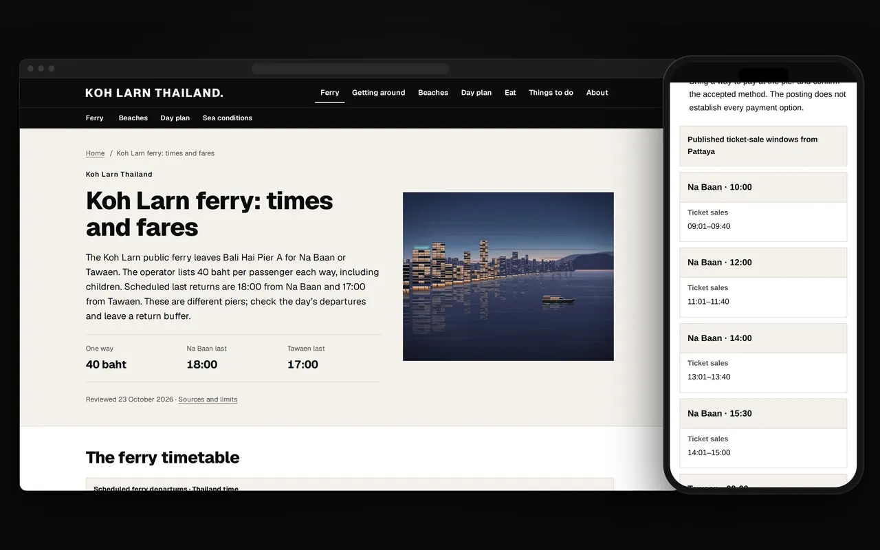 Our ferry page on a computer, “Koh Larn ferry: times and fares” beside a drawing of the bay at dusk; on a phone, the ticket-sale window for each departure.