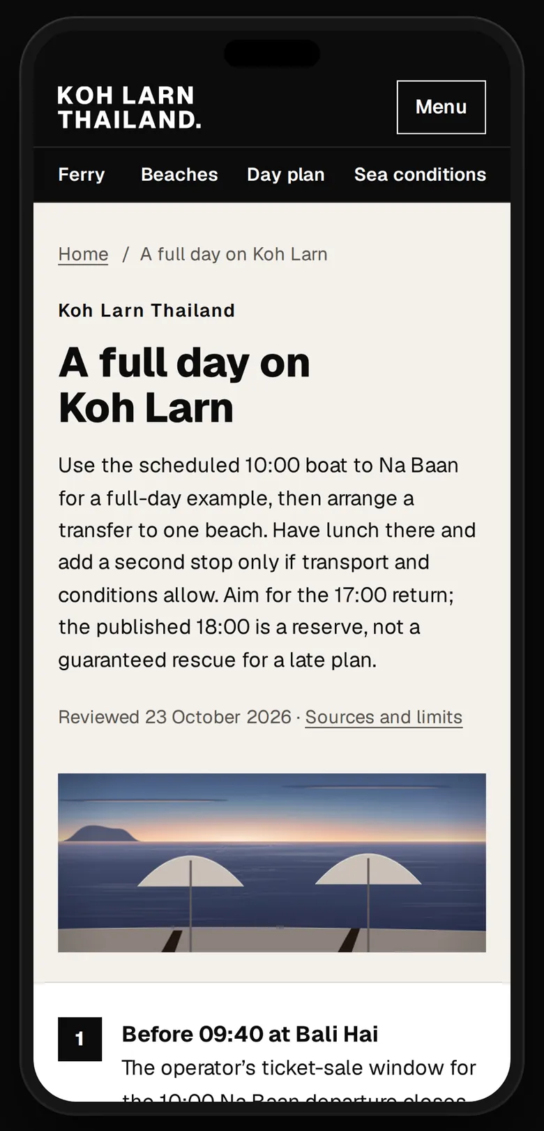 Our full-day plan on a phone, starting before the 09:40 ticket window at Bali Hai.