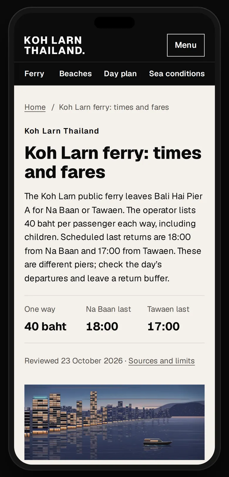 Our ferry page on a phone: the fare, and the last boats back from Na Baan and Tawaen.
