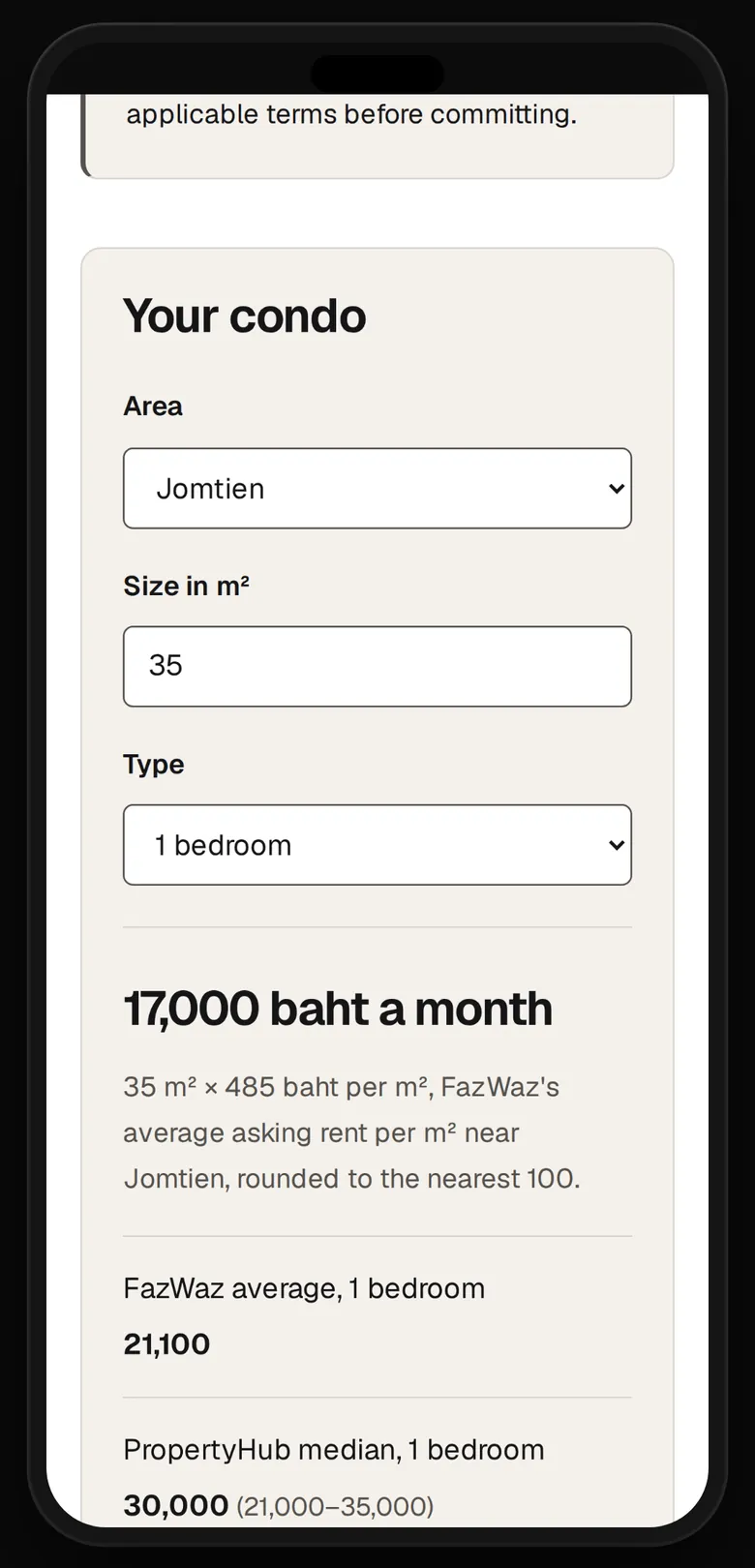 Our rent calculator on a phone: an area, a size and a type, and the asking rent it suggests from our dated figures.