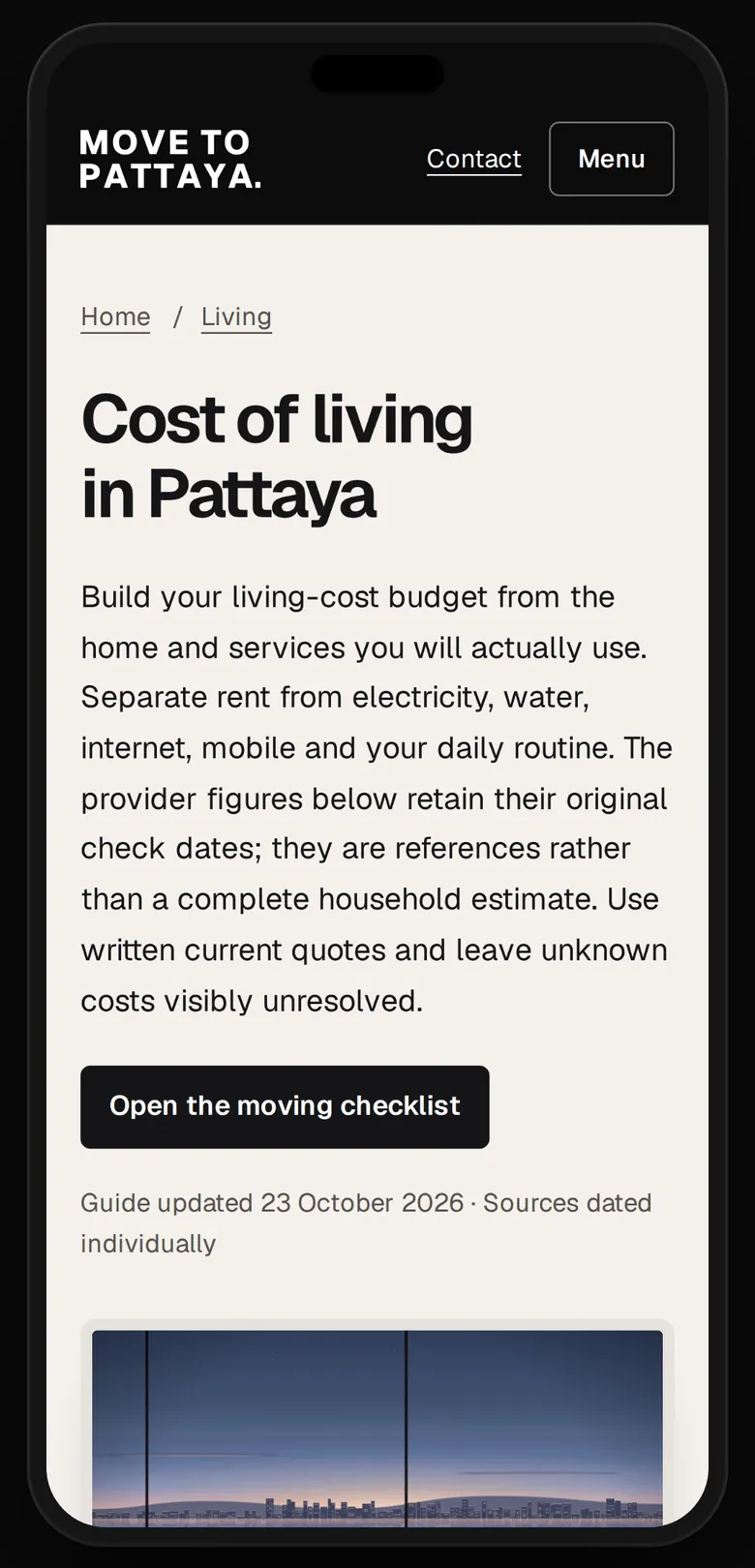 Our cost-of-living page on a phone: rent, bills and daily life, kept apart.