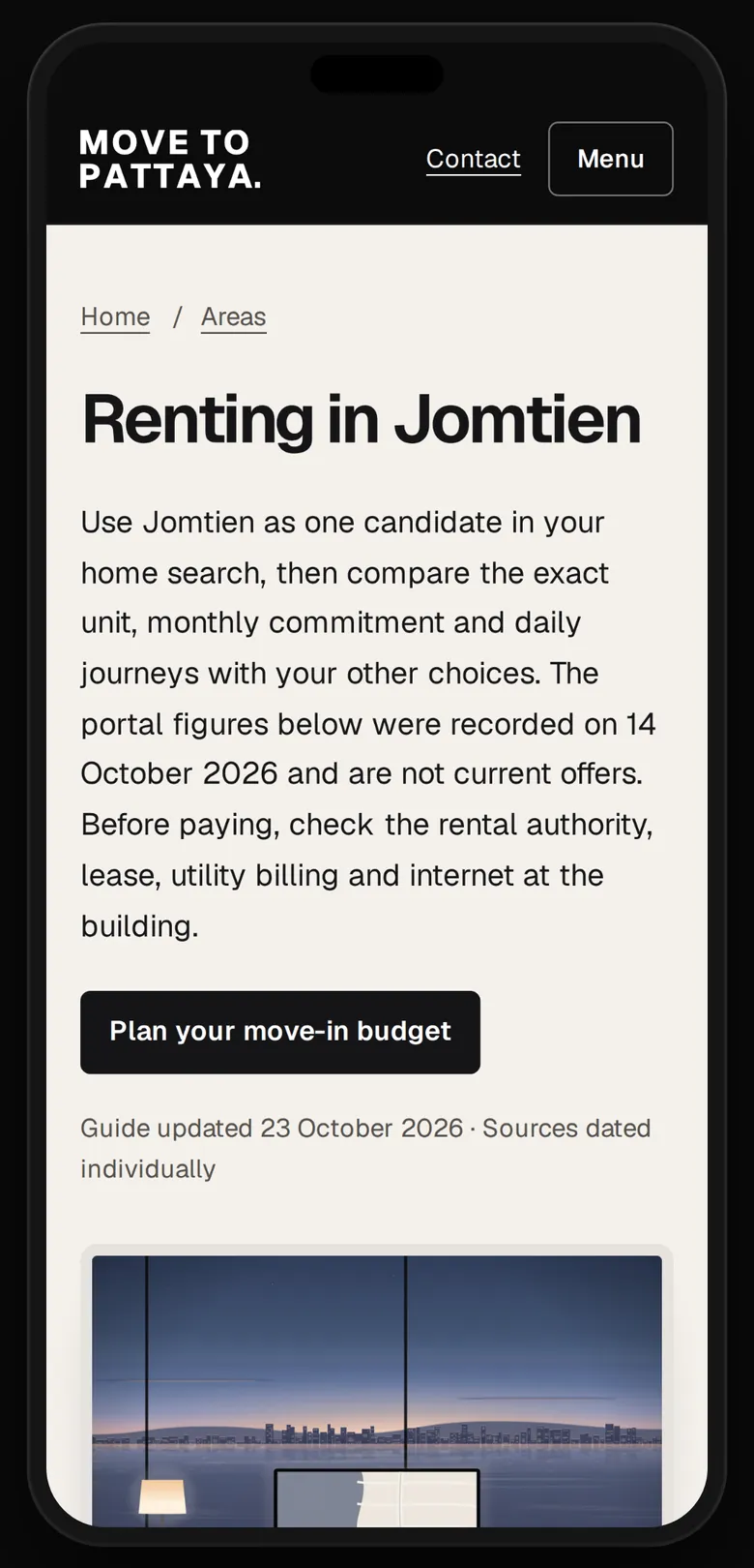 Our page on renting in Jomtien on a phone, with the portal figures and the date we read them.