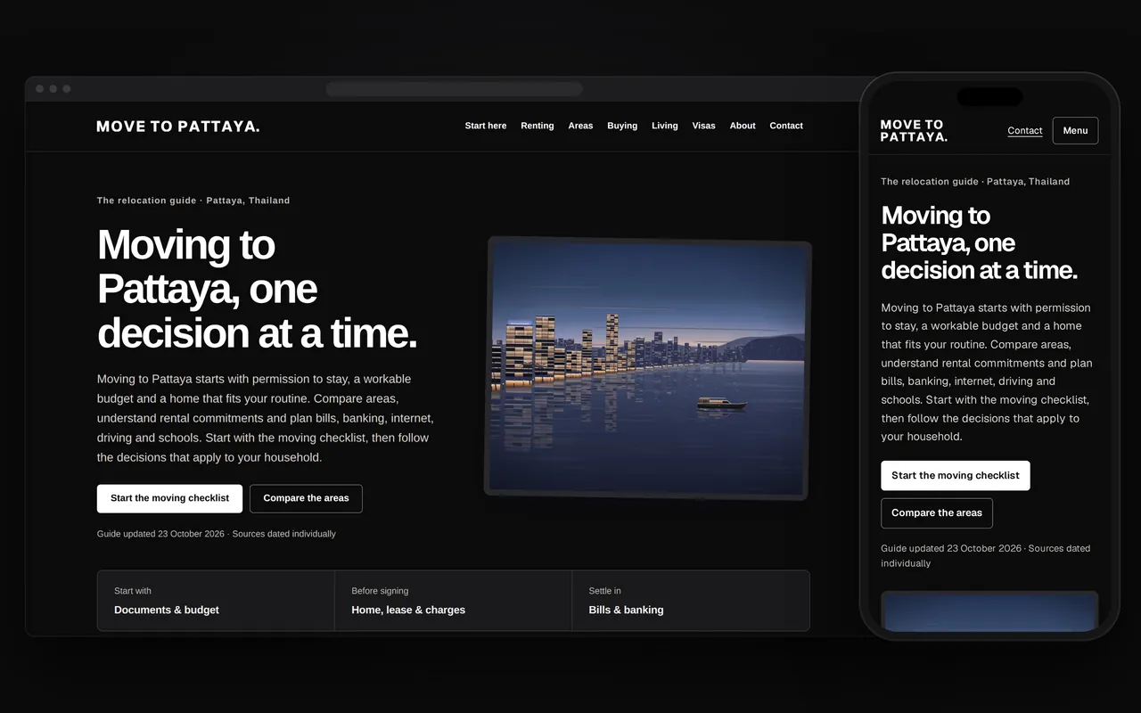 Our moving guide’s home page on a computer and a phone: “Moving to Pattaya, one decision at a time.” in large white letters on black, the buttons to the checklist and the areas, and a drawing of the bay at dusk.