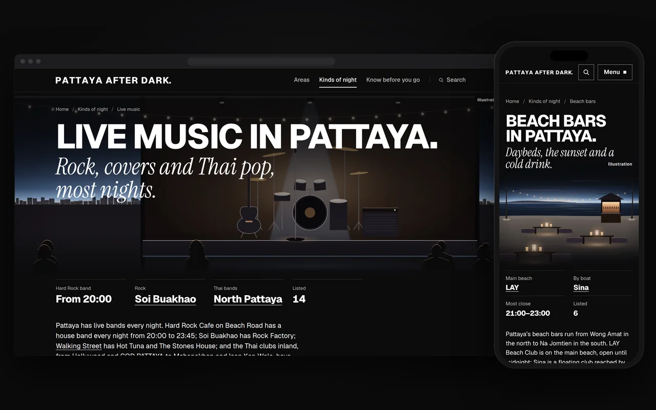 Live music in Pattaya on a computer, with an illustration of a stage set for a band, and the beach bars on a phone.