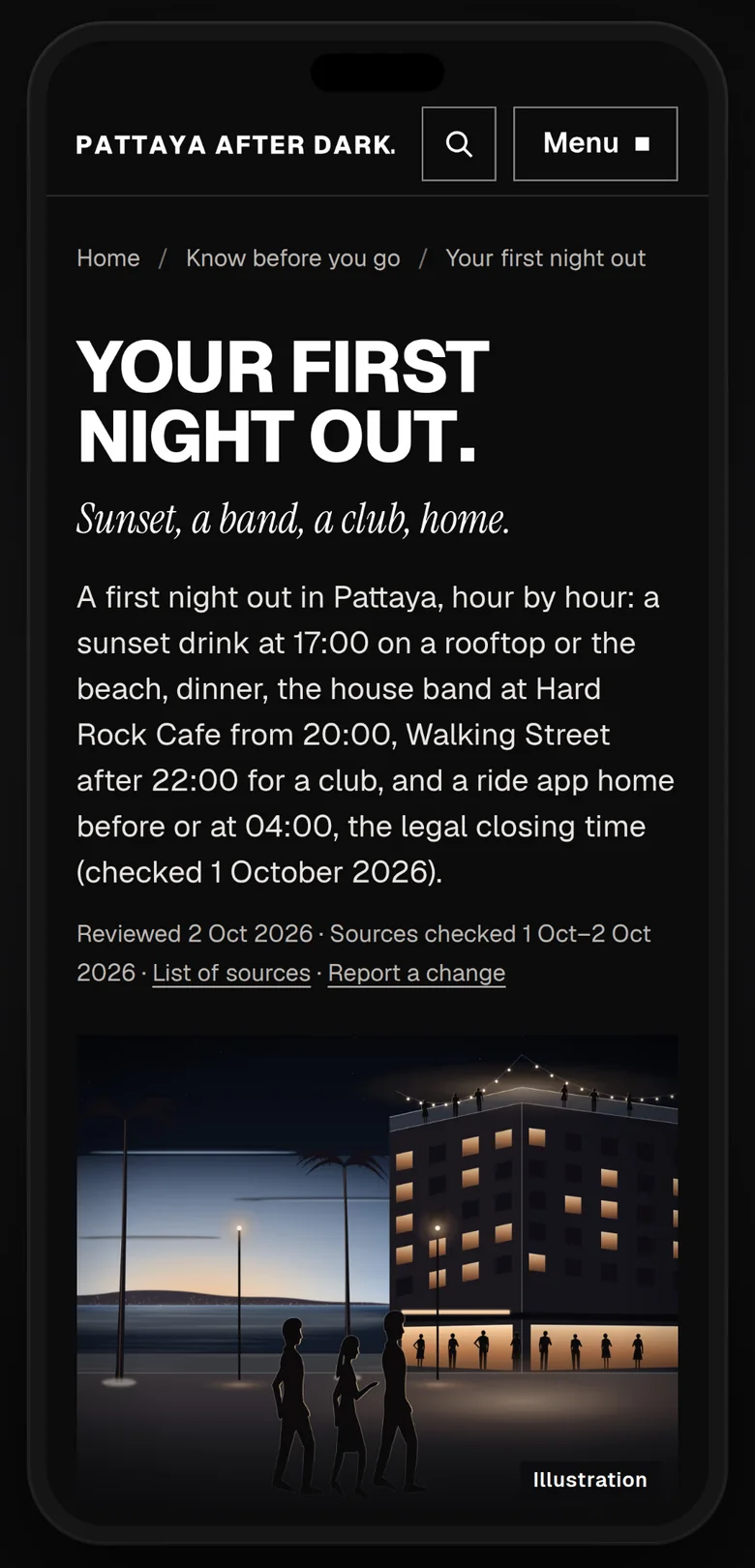 Your first night out on a phone: a night in Pattaya hour by hour, with its sources and dates.