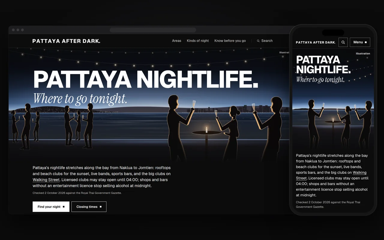 Pattaya After Dark’s first screen on a computer and a phone: “Pattaya nightlife. Where to go tonight.” over an illustration of friends raising their glasses at a high table above the bay at night, under strings of lights.