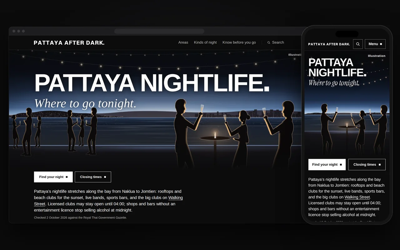 หน้าแรกของคู่มือเที่ยวกลางคืนของเรา บนคอมพิวเตอร์และโทรศัพท์: หัวข้อ “Pattaya nightlife. Where to go tonight.” และปุ่มสองปุ่ม บนภาพวาดยามค่ำคืนที่กลุ่มเพื่อนชนแก้วกันที่โต๊ะสูงริมอ่าว ใต้สายไฟประดับ