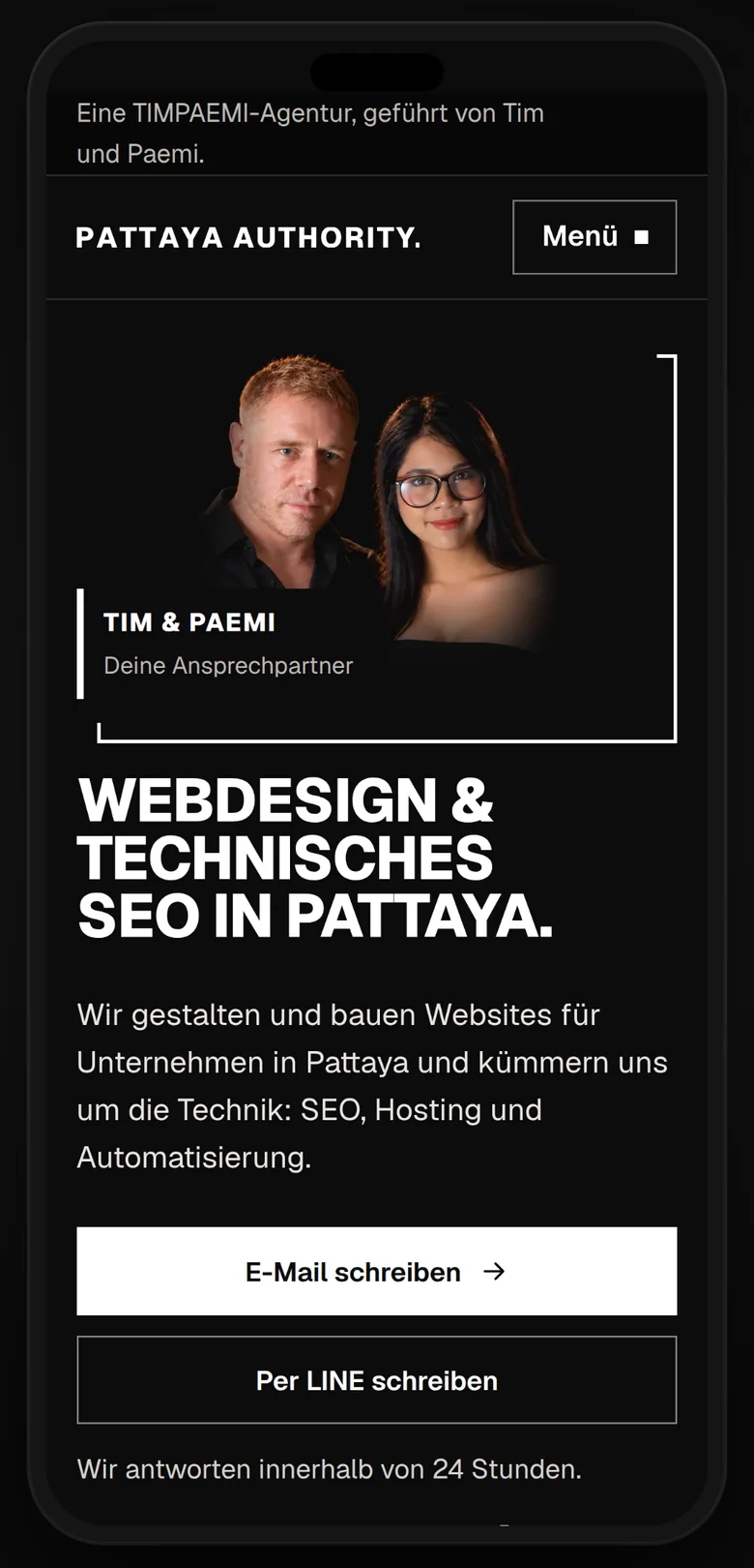 The German home page on a phone, with the portrait of Tim and Paemi.