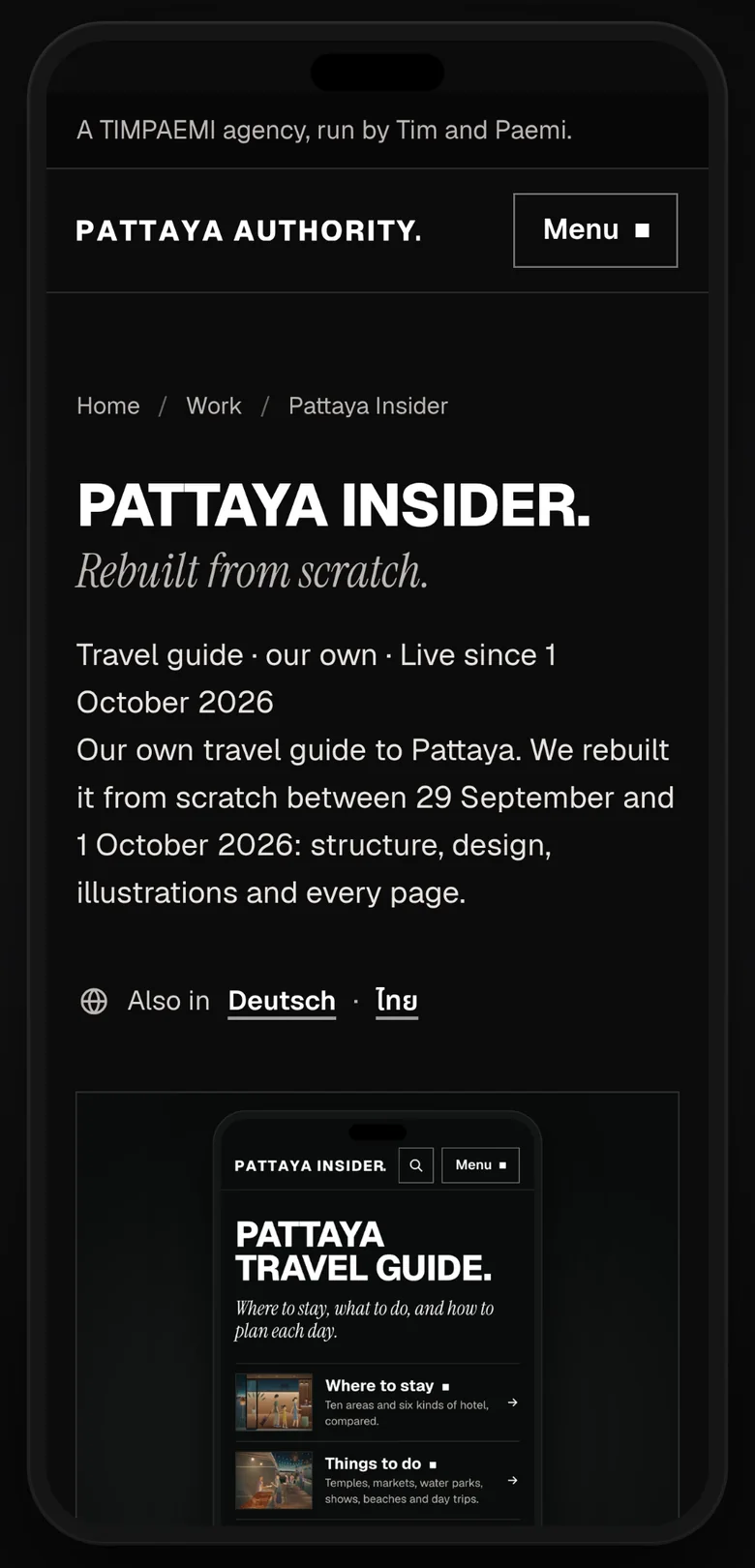Pattaya Authority’s page about Pattaya Insider on a phone, with its screens.