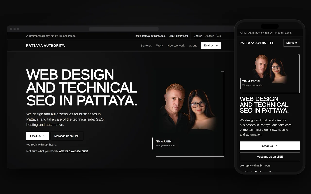 Pattaya Authority’s first screen on a computer and a phone: its headline in large white capitals beside the portrait of Tim and Paemi, with its two contact buttons.