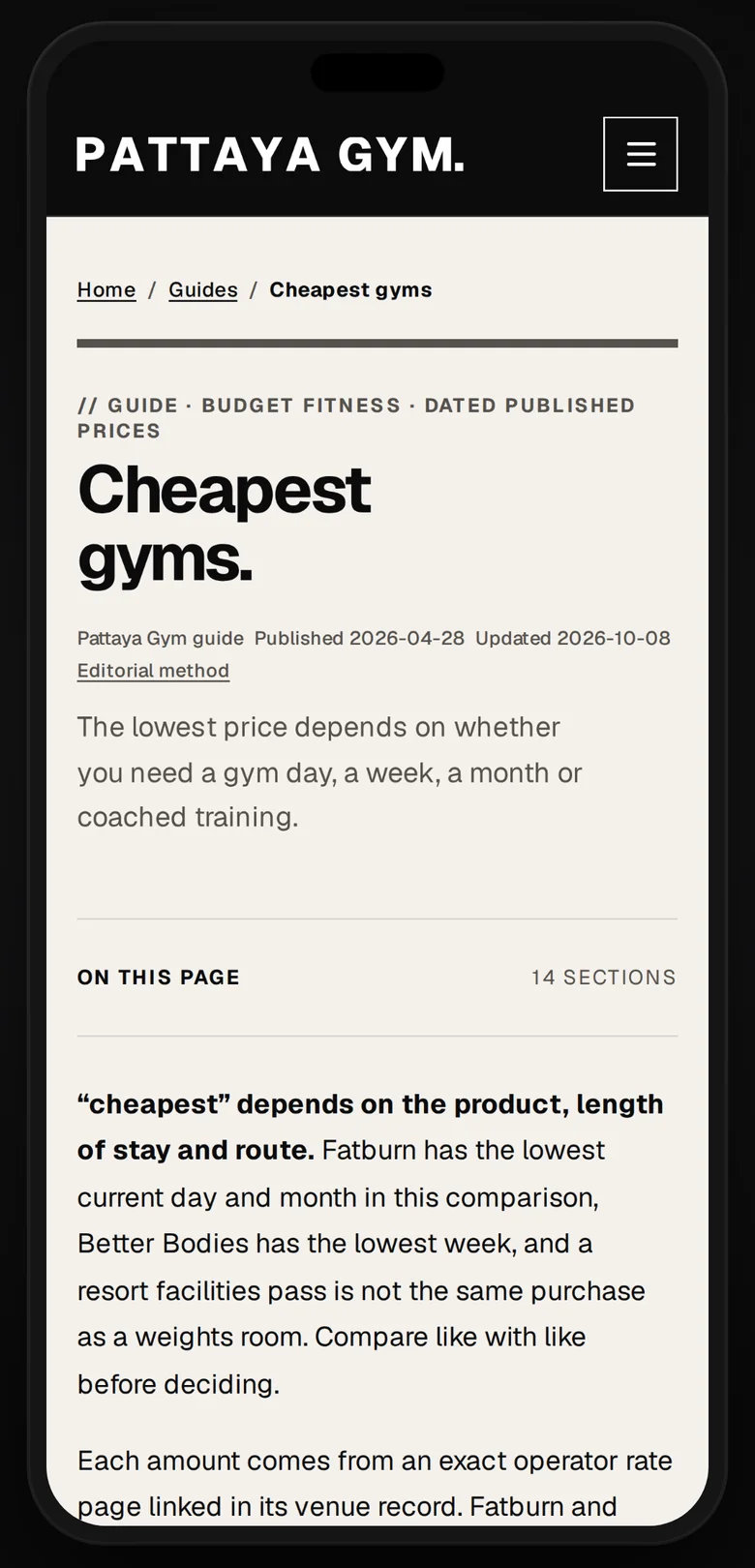 The cheapest gyms guide on a phone: why the lowest price depends on a day, a week or a month.