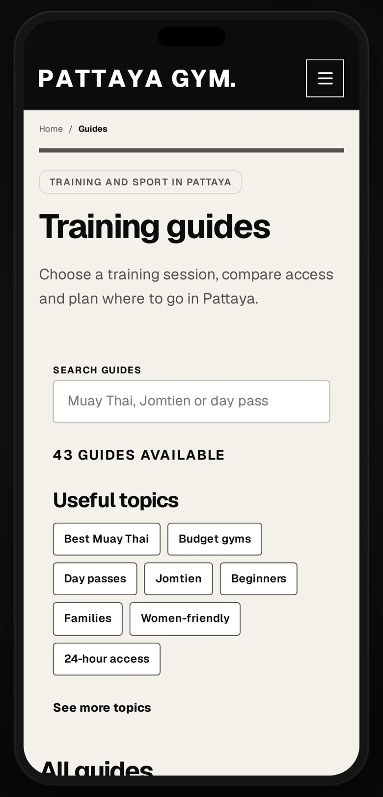 The training guides on a phone: a search, 43 guides and the most useful topics.