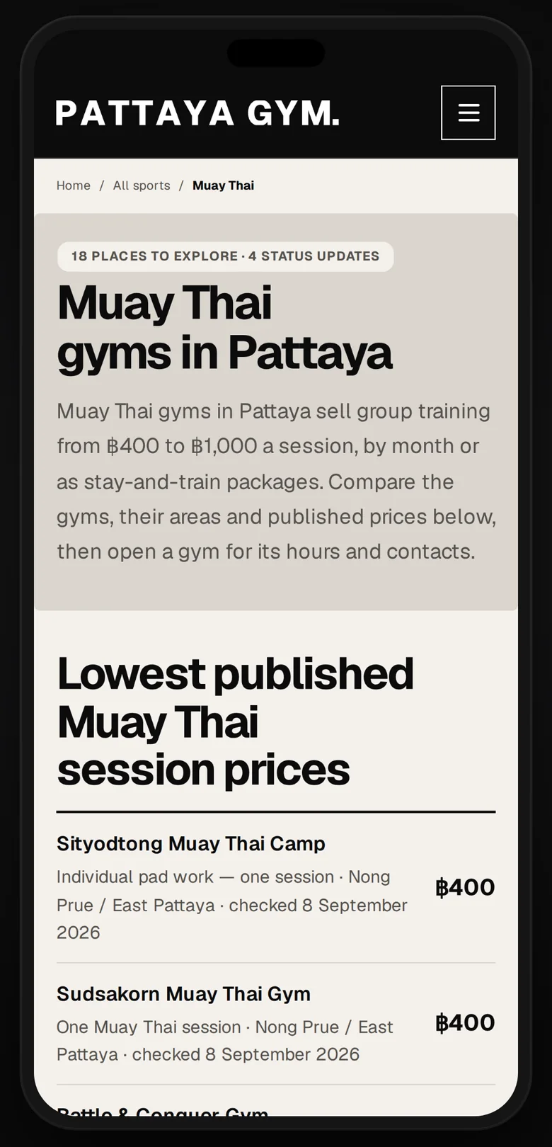 Muay Thai gyms in Pattaya on a phone: the lowest published session prices, each with its date.