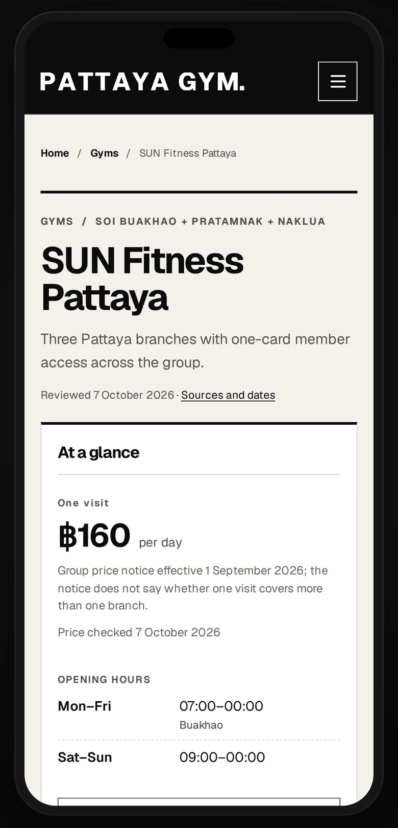 SUN Fitness on a phone: its price for one visit, the date that price was checked, and its opening hours.