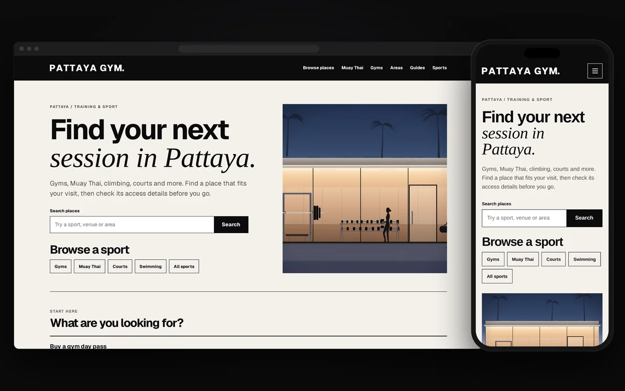 Pattaya Gym’s first screen on a computer and a phone: “Find your next session in Pattaya.” in large black letters, a search box for a sport, venue or area, the sports to browse, and an illustration of a lit gym at dusk.