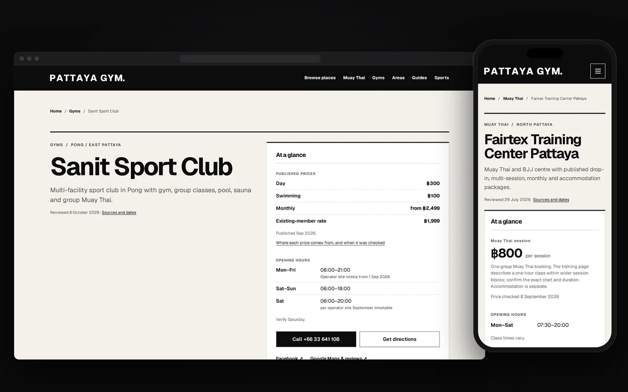 Sanit Sport Club on a computer, with its published prices, opening hours, a call button and directions in a summary card, and Fairtex Training Center on a phone, with its session price and hours.