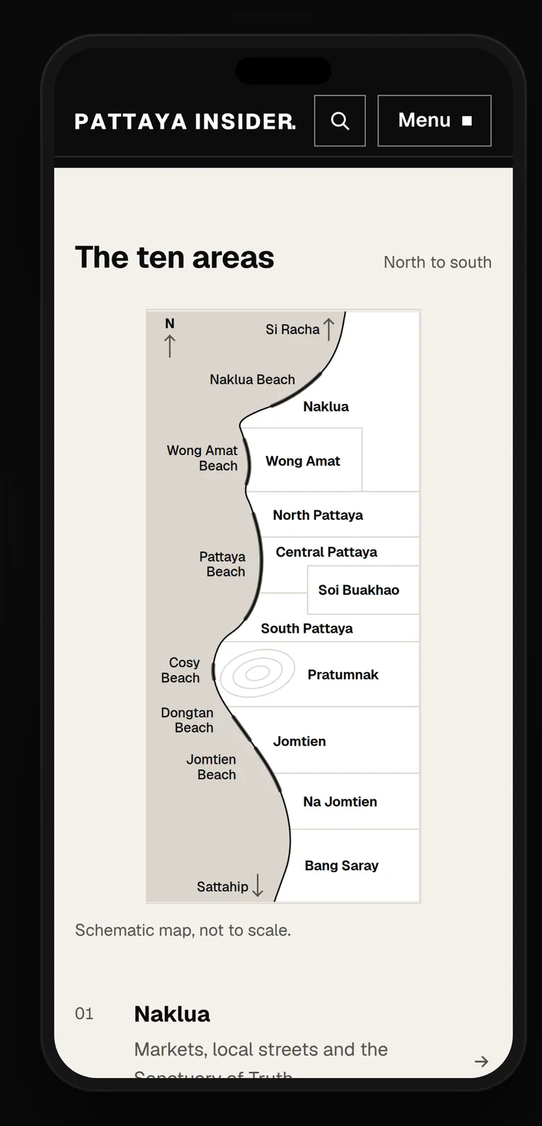 The map of the ten areas of Pattaya on a phone, from north to south.