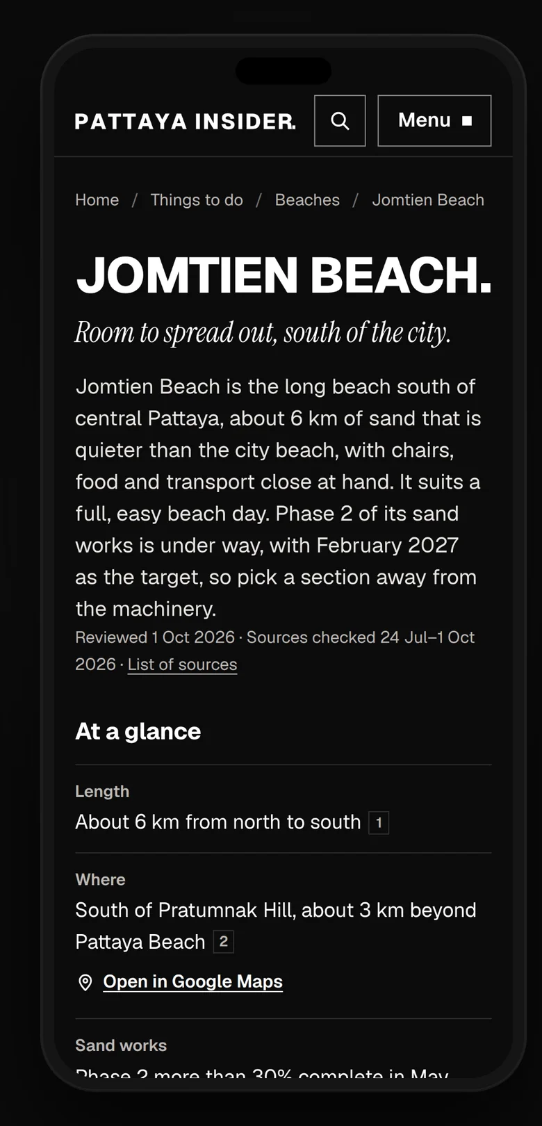 Jomtien Beach on a phone, with its facts at a glance and their sources.
