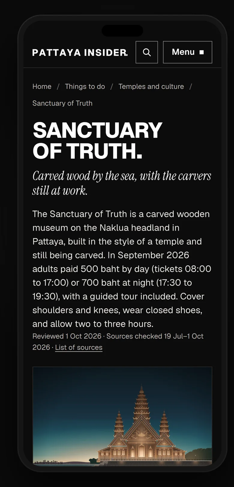 The Sanctuary of Truth on a phone: its name, a line in italics and the prices and ticket times, checked on their dates.