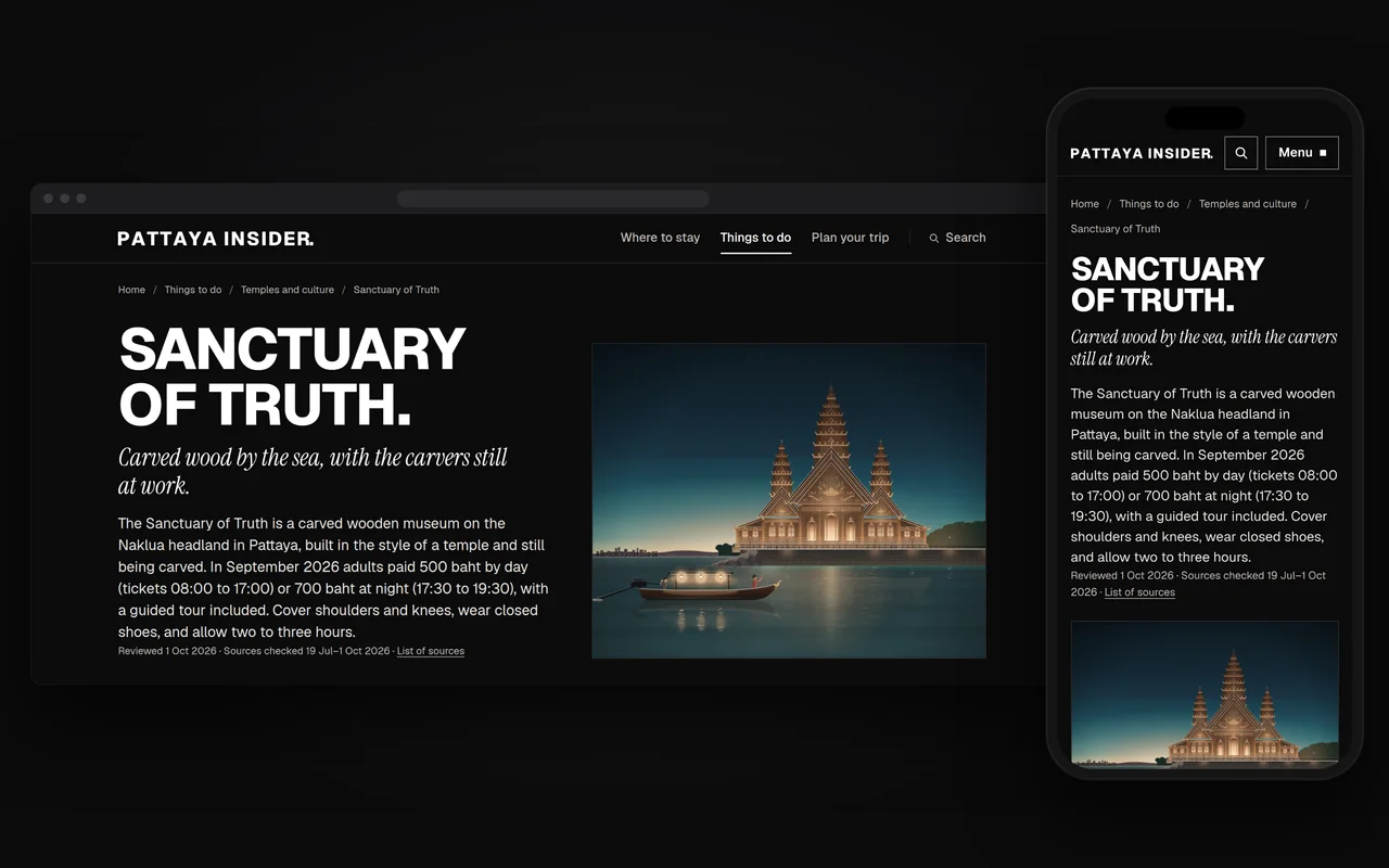 Pattaya Insider’s page on the Sanctuary of Truth on a computer and a phone, with prices, ticket times and an illustration of the carved wooden temple on the water at dusk.