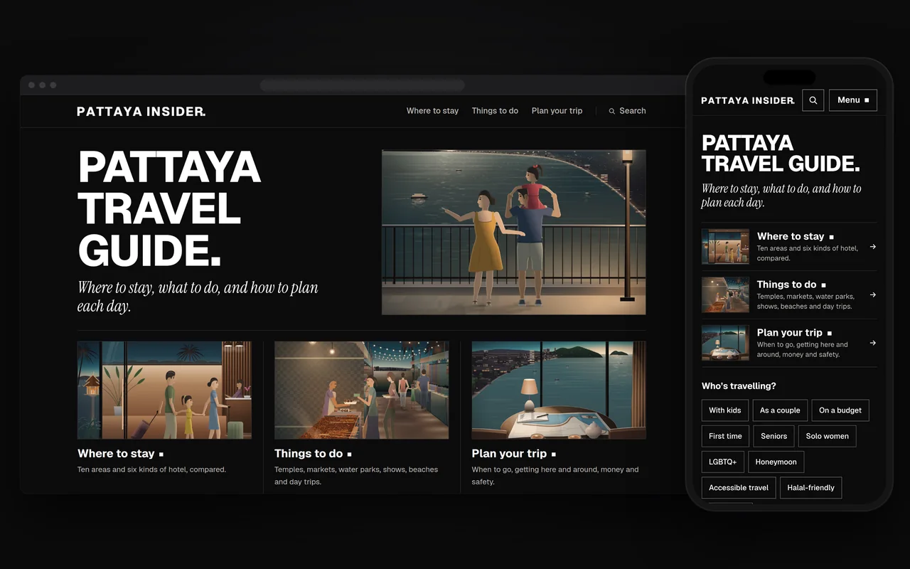 Pattaya Insider’s first screen on a computer and a phone: “Pattaya travel guide.” beside an illustration of a family at a lookout above the bay at dusk, and three cards below it: Where to stay, Things to do and Plan your trip.
