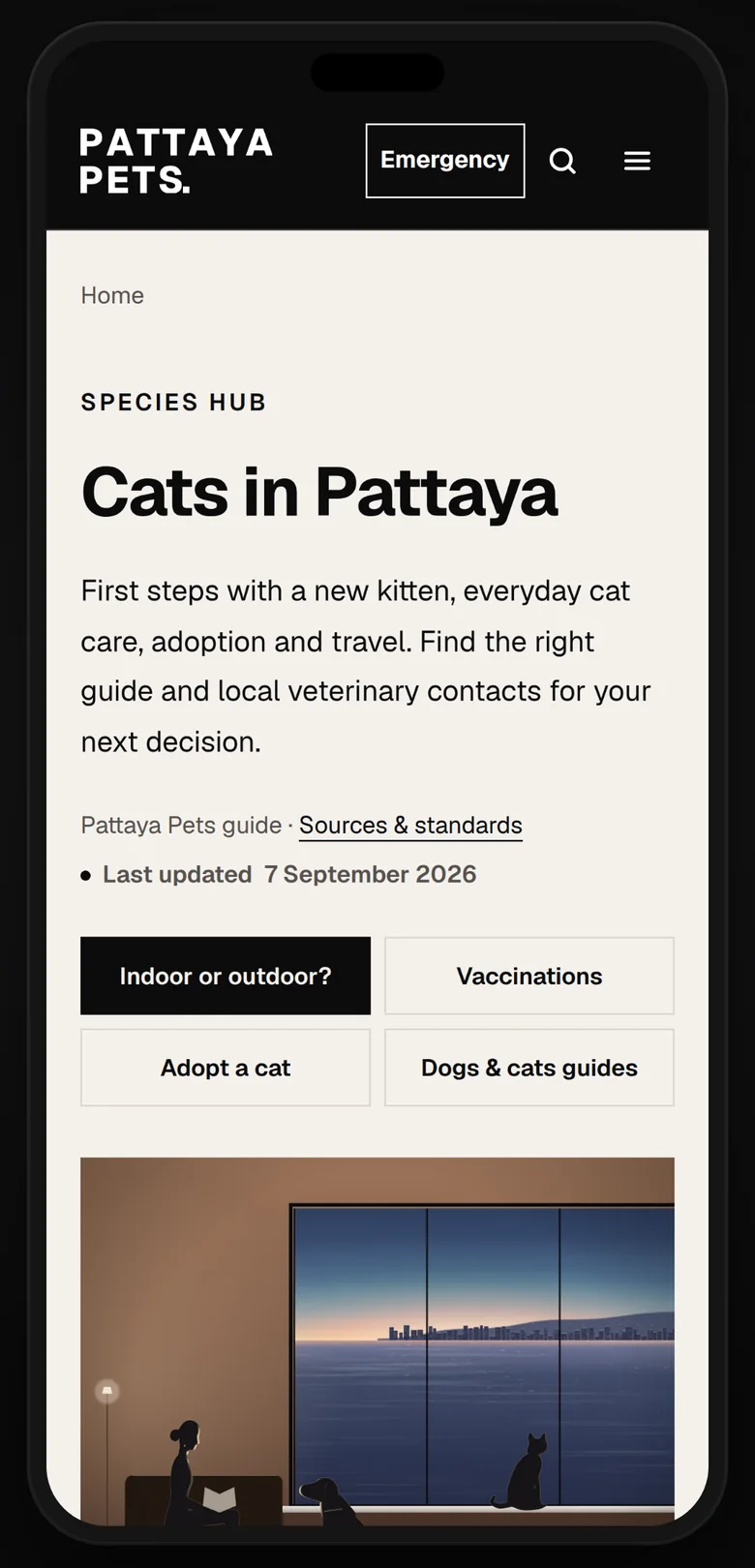 Cats in Pattaya on a phone: first steps with a cat, and an illustration of a quiet room at dusk, a cat at the window above the bay.