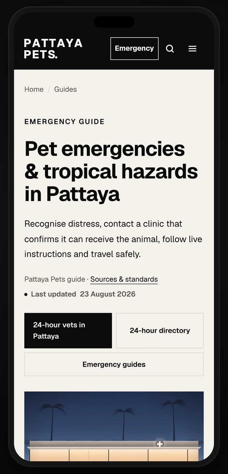 Pet emergencies on a phone: what to do first, the 24-hour vets one tap away, and an illustration of a lit clinic under palm trees at night.