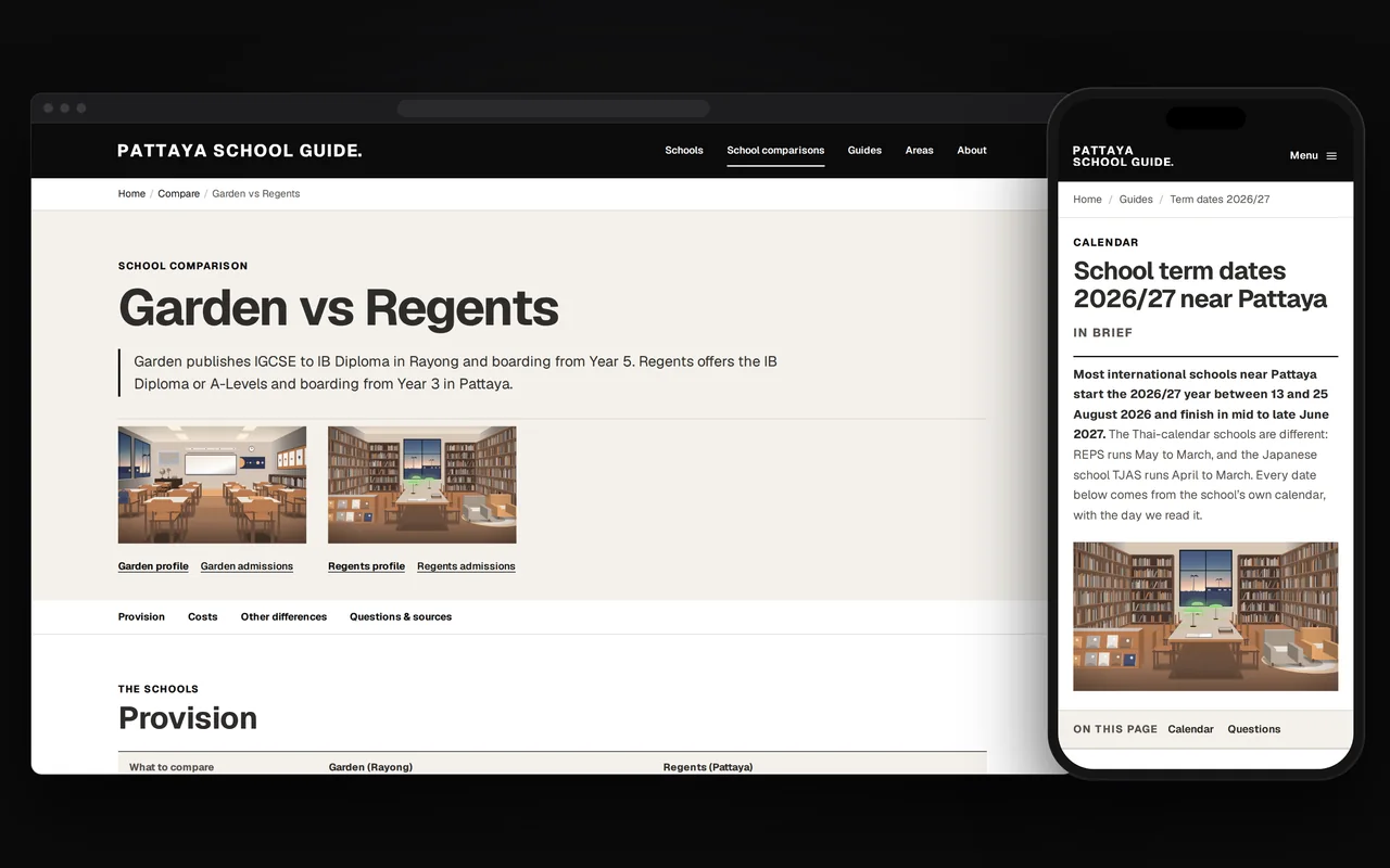 Garden vs Regents on a computer, two schools side by side with their illustrations, and the 2026/27 term dates on a phone.