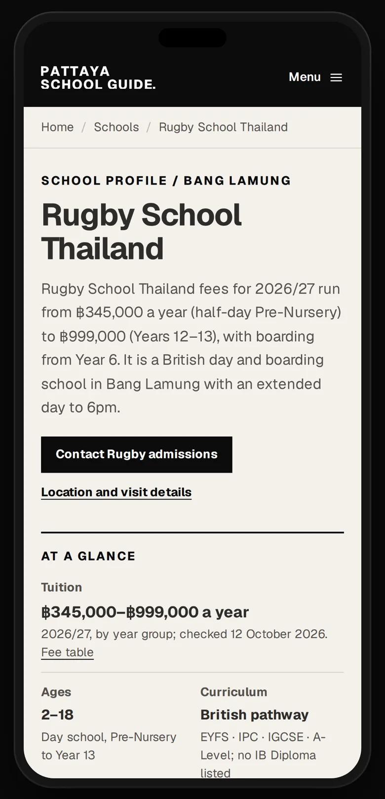 Rugby School Thailand’s profile on a phone: its 2026/27 fees, the button to its own admissions page and the facts at a glance.