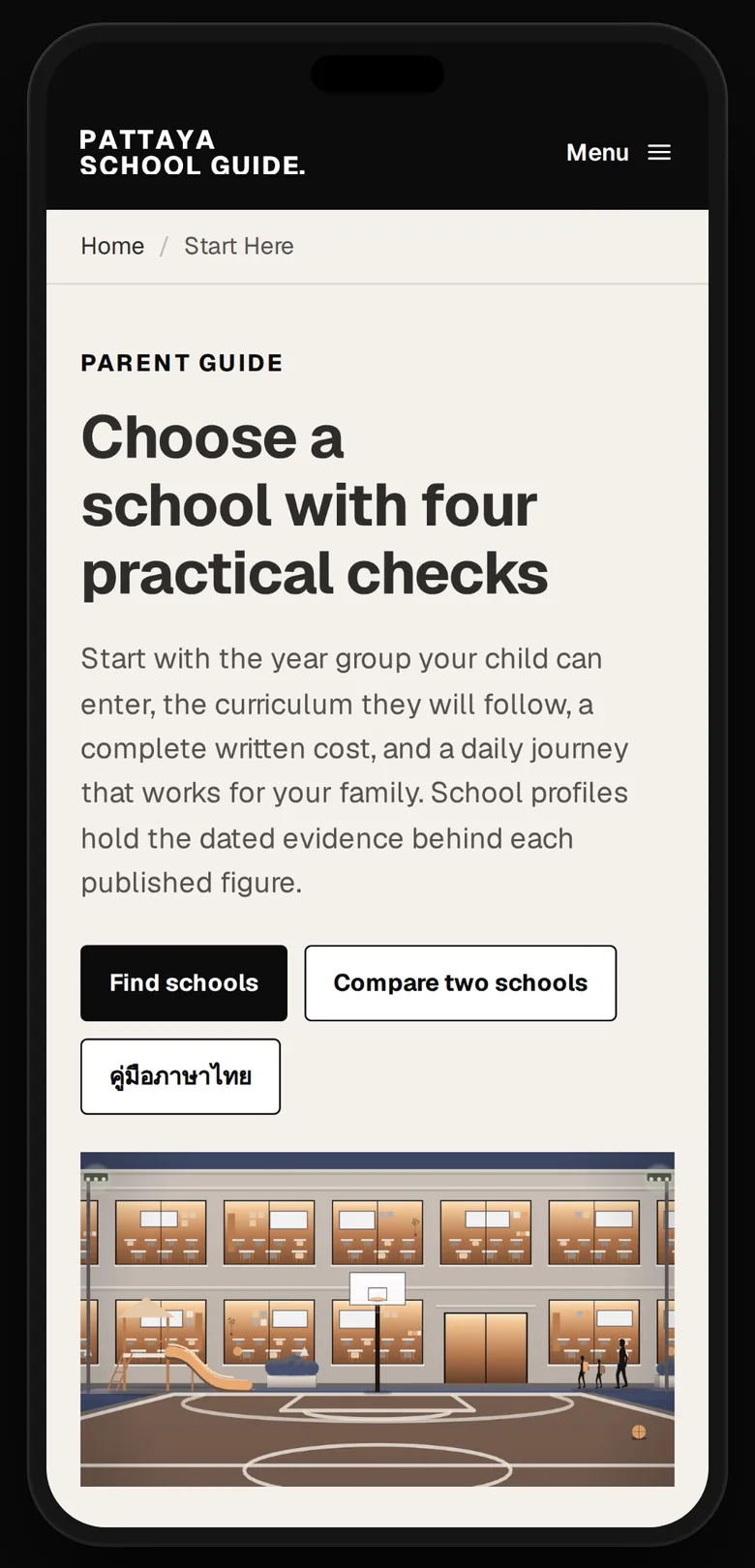 Choosing a school in four practical checks on a phone, with the guide in Thai one tap away.
