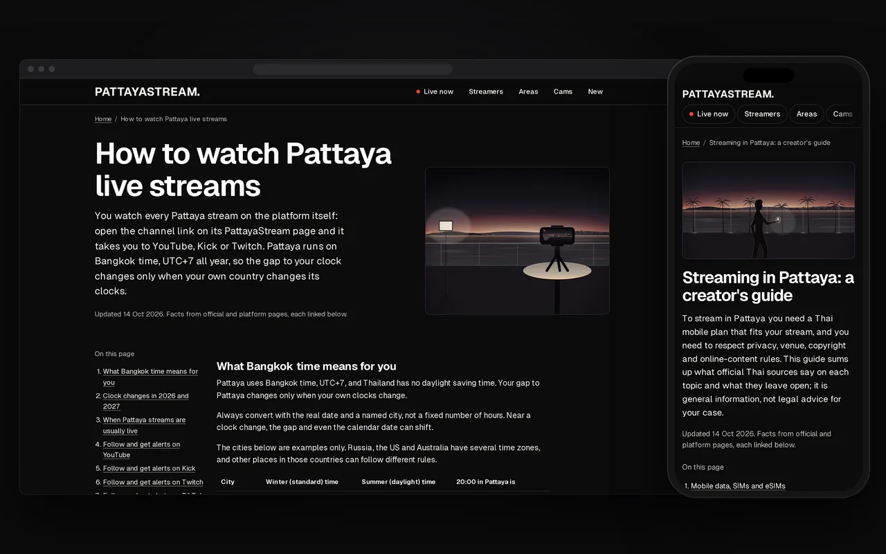 The guide to watching Pattaya streams on a computer, with what Bangkok time means for you, and the guide to streaming in Pattaya on a phone.