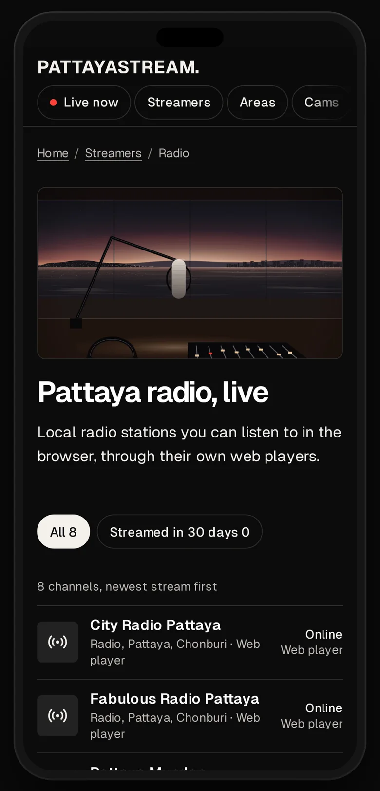 Pattaya radio on a phone: local stations you can listen to in the browser.