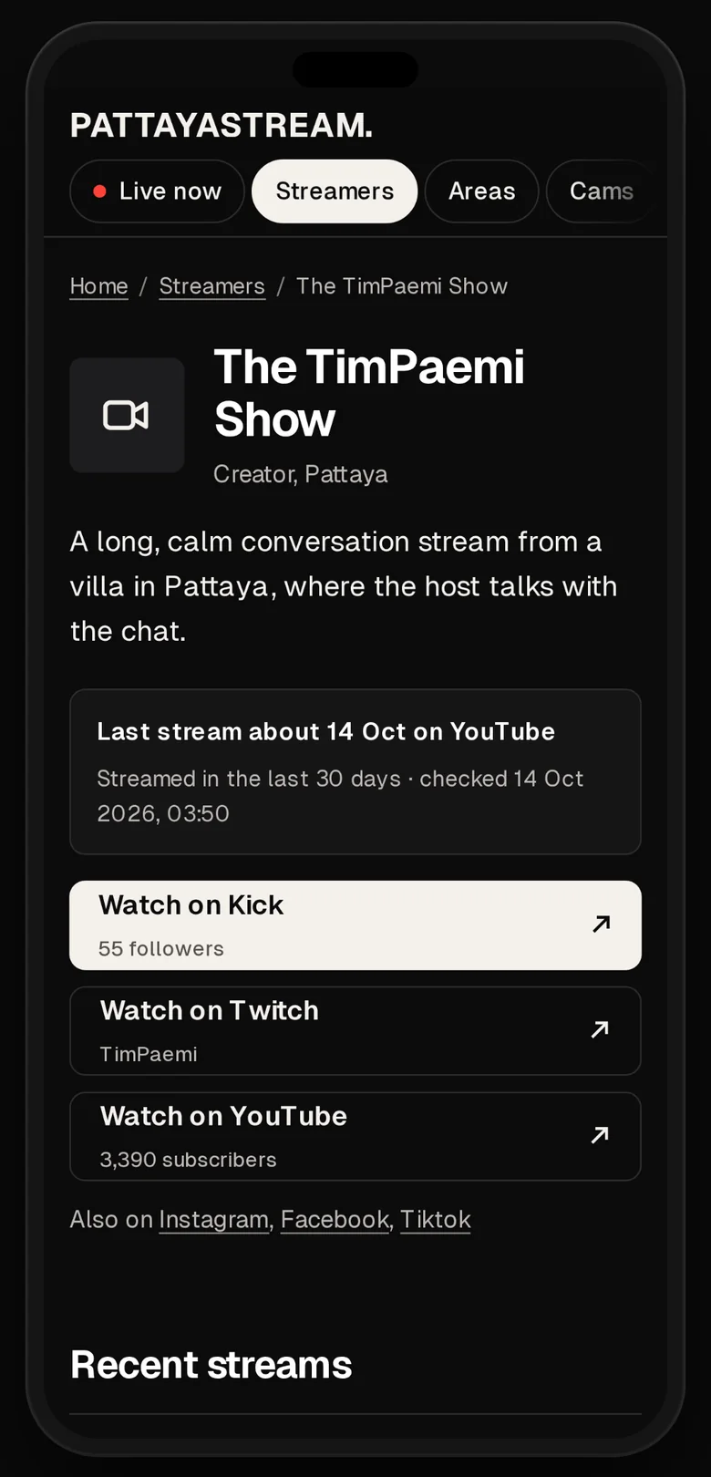 The TimPaemi Show’s page on a phone: its last stream, and where to watch it on Kick, Twitch and YouTube.