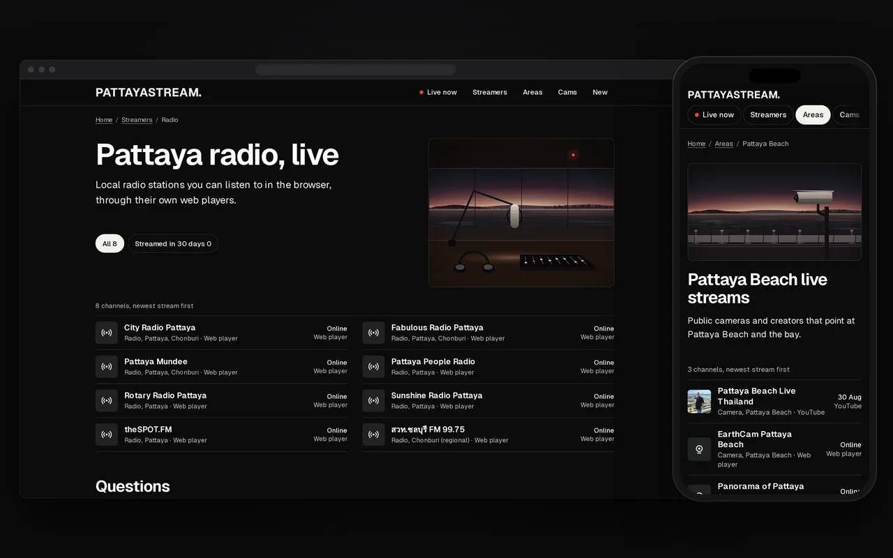 Pattaya radio on a computer, eight local stations with their web players, and the Pattaya Beach page on a phone, with the public cams that point at the bay.