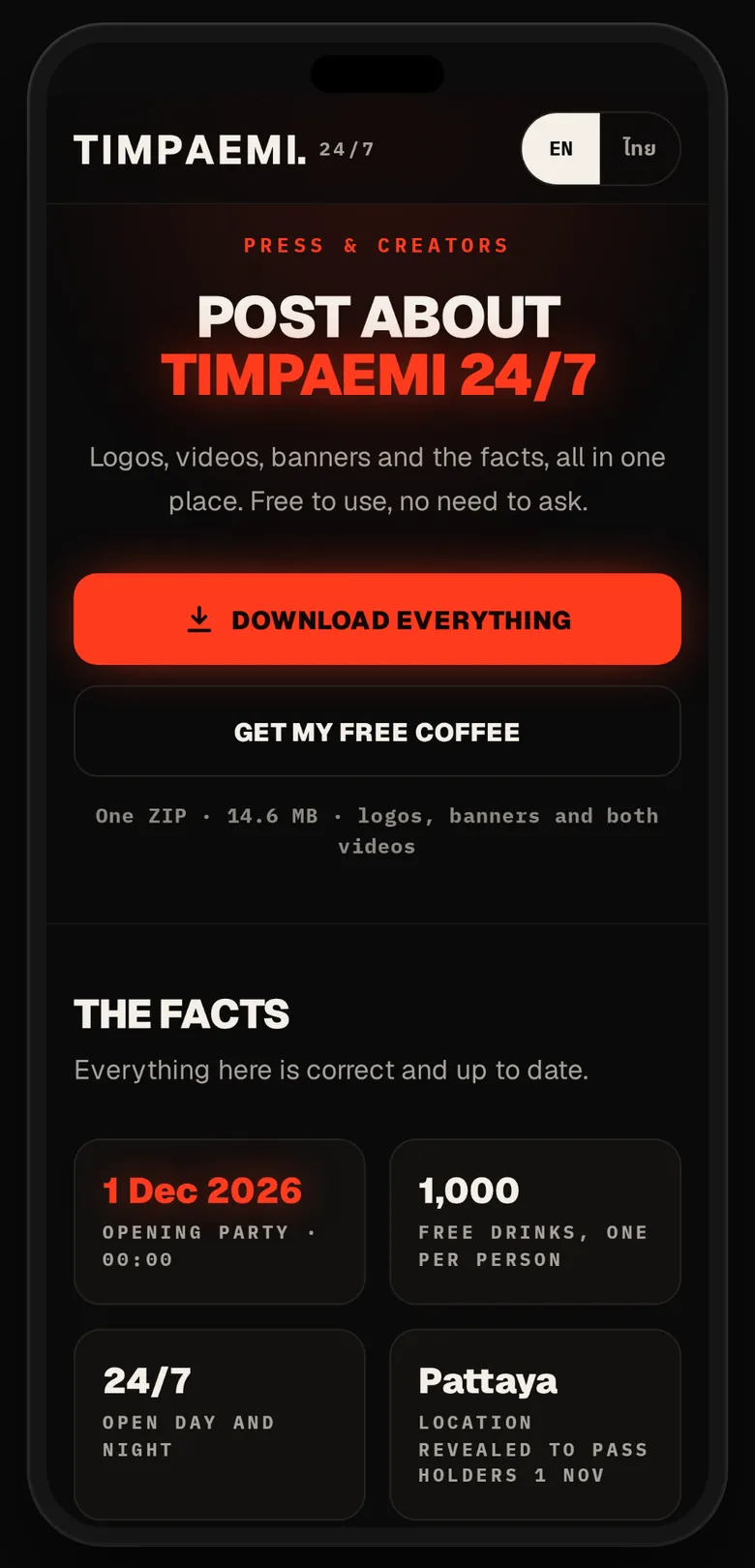 Our press page on a phone: “Post about TIMPAEMI 24/7”, a button to download everything, and the facts.