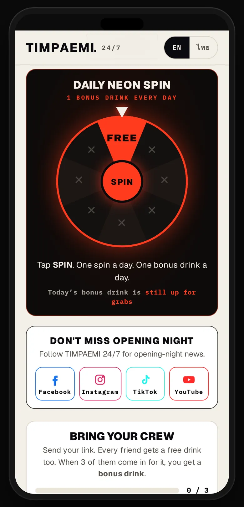 Our daily neon spin on a phone: one spin a day, one bonus drink a day.
